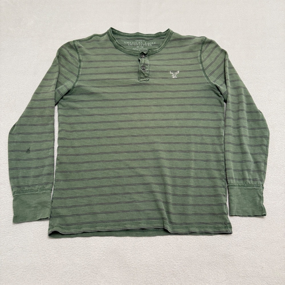 American Eagle Henley Mens Medium Green Striped Cotton Long Sleeve Shirt *